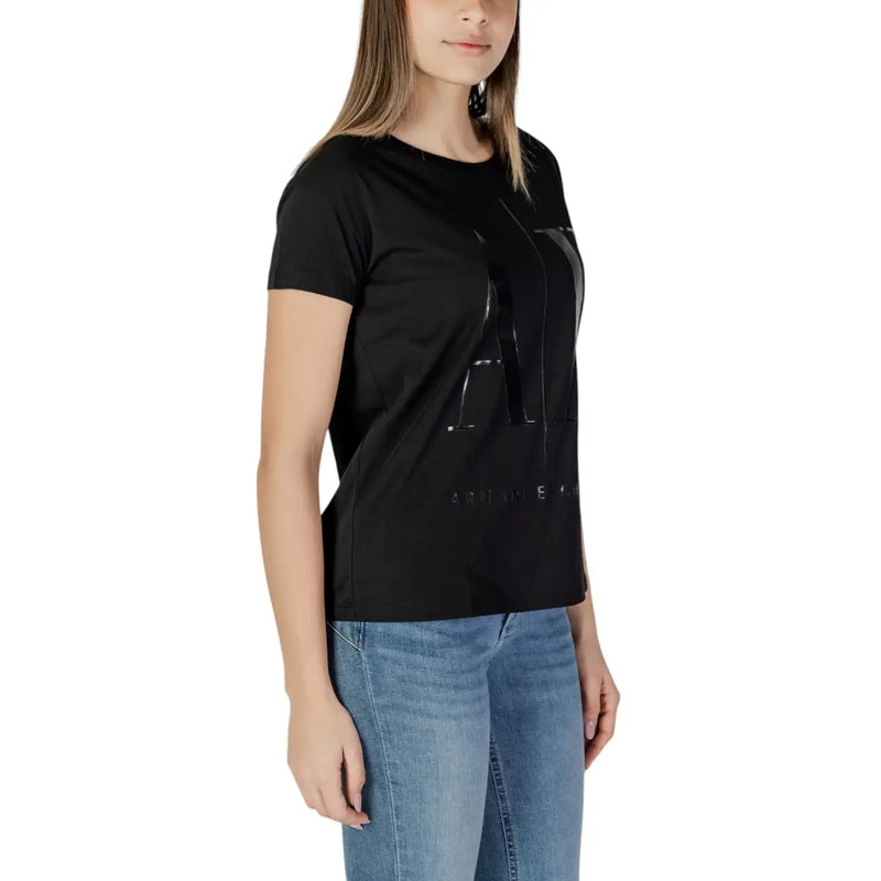 Armani Exchange women black short-sleeved t shirt in soft cotton with large glossy a logo and armani print