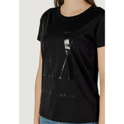 Armani Exchange women black short-sleeved t shirt in soft cotton with large glossy black ax logo and brand name print