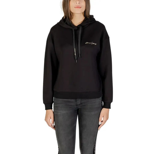 Armani Exchange women black hooded sweatshirt with gold embroidery and matching drawstrings on chest