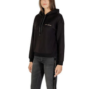 Armani Exchange women black hooded sweatshirt with gold chest embroidery and sparkling exchange side stripe