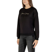 Armani Exchange women black long sleeve round neck sweatshirt with gold embroidered logo and repeating brand text on side seam