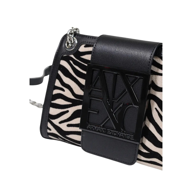 Armani Exchange women black polyester crossbody bag with zebra print and glossy black logo plaque W20cm