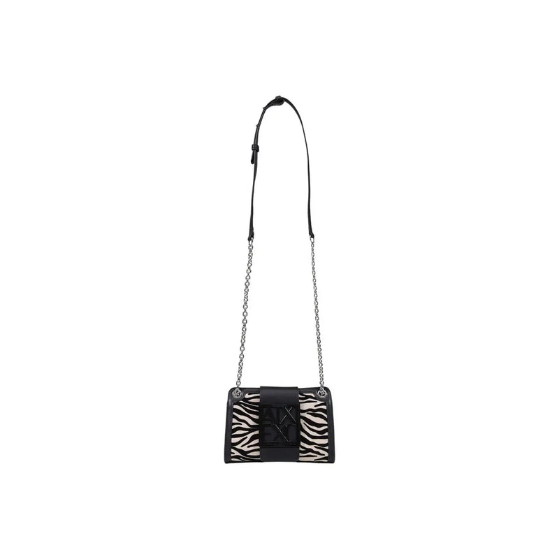 Armani Exchange women black shoulder bag in black and white zebra-print polyester with silver chain crossbody strap