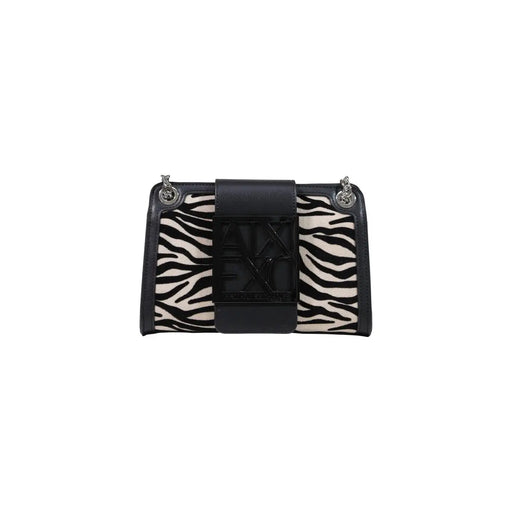 Armani Exchange Schwarze Damen-Schultertasche aus Polyester mit Zebramuster und schwarzer Lederklappe mit Logo
