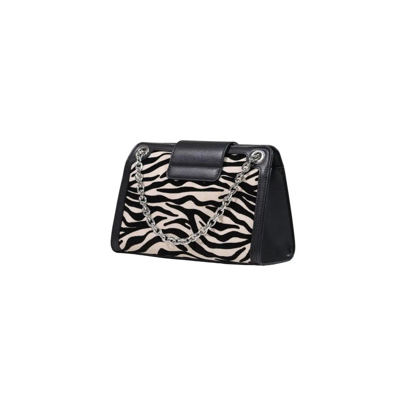 Armani Exchange women black shoulder bag with zebra print polyester clutch and silver chain strap W20cm