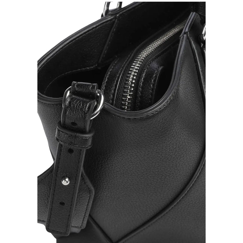 Armani Exchange women black leather shoulder bag with silver-toned zipper and metal hardware made of polyurethane