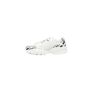 Armani Exchange women black slip on sneakers with white mesh upper and black zebra-striped toe and heel accents