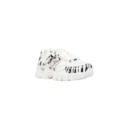 Armani Exchange Schwarze Damen-Sneaker zum Hineinschlüpfen mit weißem Polyester-Obermaterial, auffälligen schwarzen Zebrastreifen und Metallic-Akzenten