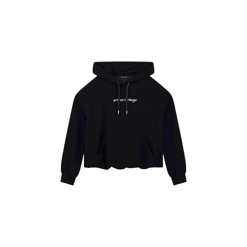 Armani Exchange women black cropped hooded viscose sweatshirt with white embroidered logo and matching drawstrings