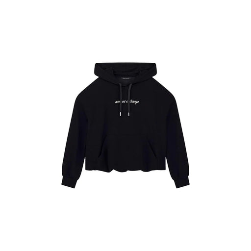 Armani Exchange Schwarzes, kurzes Damen-Sweatshirt mit Kapuze aus Viskose mit weißem, gesticktem Logo und passenden Kordelzügen