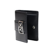 Armani Exchange Schwarze Damen-Ledergeldbörse mit silberfarbenem Axt-Logo-Verschluss und mehreren Fächern, 11 x 9 x 3 cm