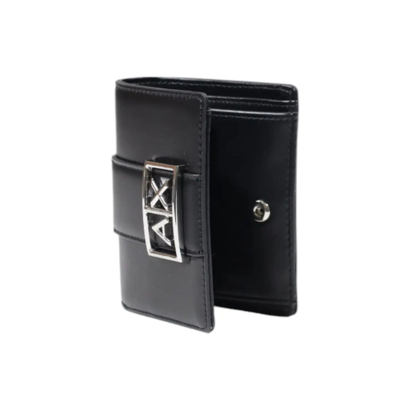 Armani Exchange Schwarze Damen-Ledergeldbörse mit silberfarbenem Axt-Logo-Verschluss und mehreren Fächern, 11 x 9 x 3 cm