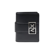 Armani Exchange Schwarze Damen-Ledergeldbörse mit Fächern und silberfarbener Axt-Logo-Schnalle, 11 x 9 x 3 cm