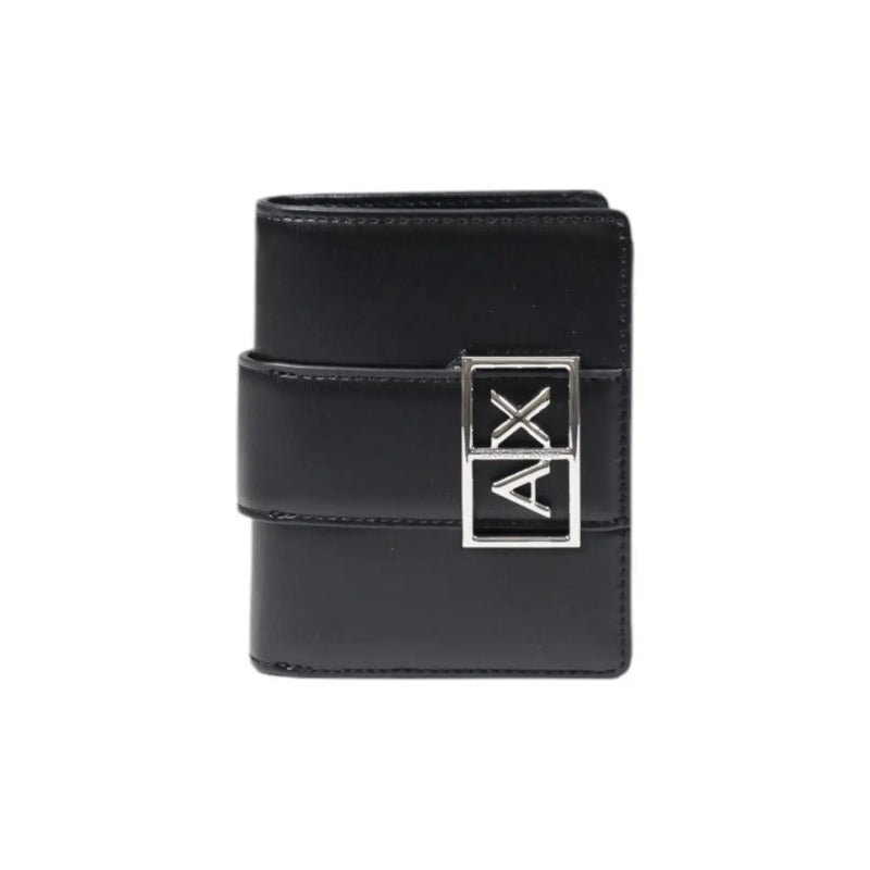 Armani Exchange Schwarze Damen-Ledergeldbörse mit Fächern und silberfarbener Axt-Logo-Schnalle, 11 x 9 x 3 cm