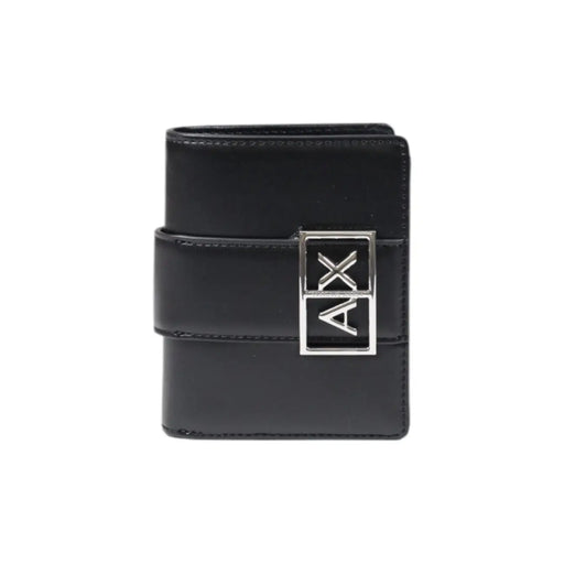 Armani Exchange Schwarze Damen-Ledergeldbörse mit Fächern und silberfarbener Axt-Logo-Schnalle, 11 x 9 x 3 cm