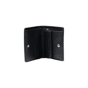 Armani Exchange Schwarze Damen-Geldbörse aus Leder, dreifach faltbar, mit silbernen Druckknöpfen und geprägtem Logo auf der Innenklappe