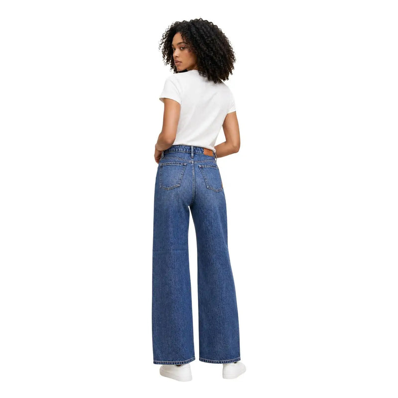 Armani Exchange Damen-Jeans aus blauer Baumwolle mit weitem Bein, fünf Taschen und brauner Ledergürtelschlaufe
