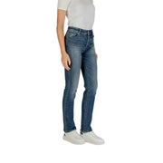 Armani Exchange women blue high-rise straight-leg denim jeans with zip button and worn out effect in medium wash