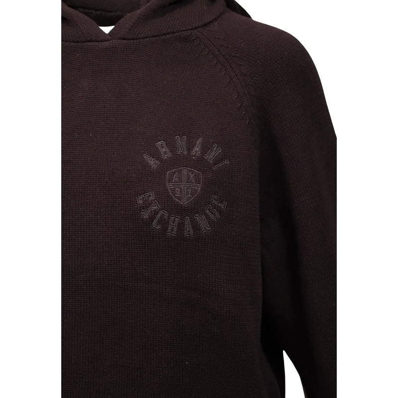 Armani Exchange women brown cotton knitwear hoodie with dark brown fabric and subtle embroidered logo on the chest