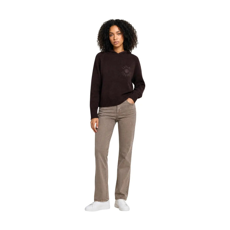 Armani Exchange women brown cotton knitwear dark brown long-sleeved knit hoodie with subtle embroidered logo on chest
