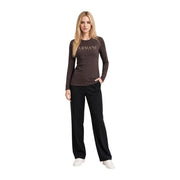Armani Exchange Braunes Damen-Langarmshirt aus Baumwolle mit dezentem Metallic-Logodruck auf der Brust