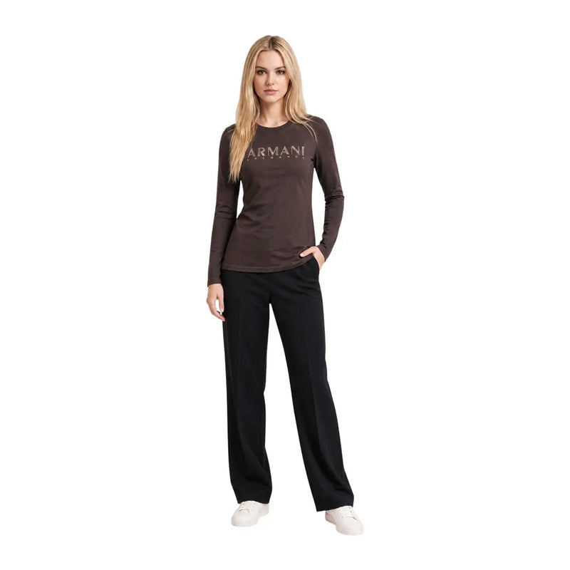 Armani Exchange Braunes Damen-Langarmshirt aus Baumwolle mit dezentem Metallic-Logodruck auf der Brust