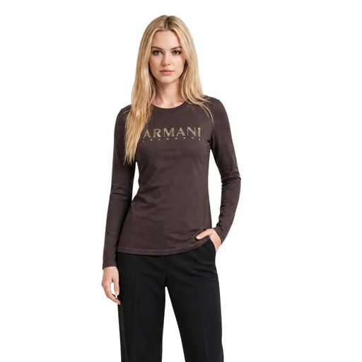 Armani Exchange Braunes Damen-Langarmshirt aus Baumwolle mit Rundhalsausschnitt und dezentem Metallic-Logo auf der Brust
