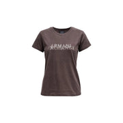 Ein dunkles Braun armani exchange Damen-Baumwoll-T-Shirt mit Rundhalsausschnitt und silberner Verzierung armani exchange Logo über der Brust