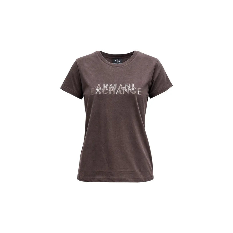Ein dunkles Braun armani exchange Damen-Baumwoll-T-Shirt mit Rundhalsausschnitt und silberner Verzierung armani exchange Logo über der Brust
