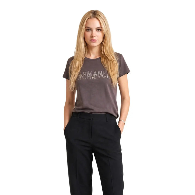 Armani Exchange Braunes Damen-T-Shirt aus Baumwolle mit Rundhalsausschnitt, grauem Stoff und dezentem, glitzerndem Logo auf der Brust