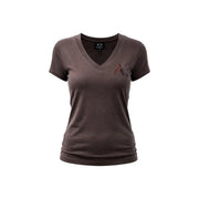Armani Exchange Braunes Damen-T-Shirt aus Baumwolle mit V-Ausschnitt und funkelndem Strass-Logo auf der linken Brustseite
