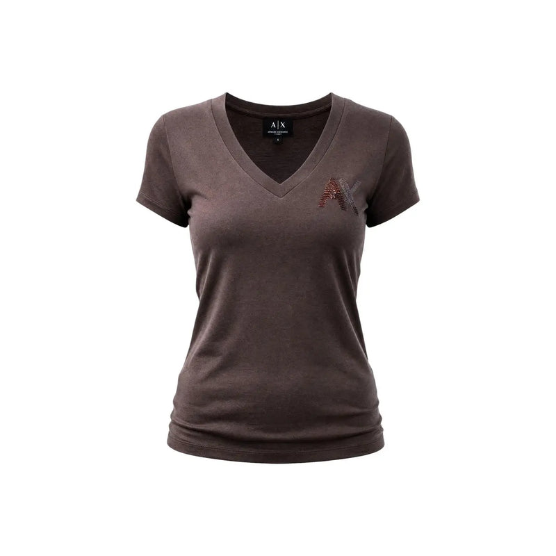 Armani Exchange Braunes Damen-T-Shirt aus Baumwolle mit V-Ausschnitt und funkelndem Strass-Logo auf der linken Brustseite
