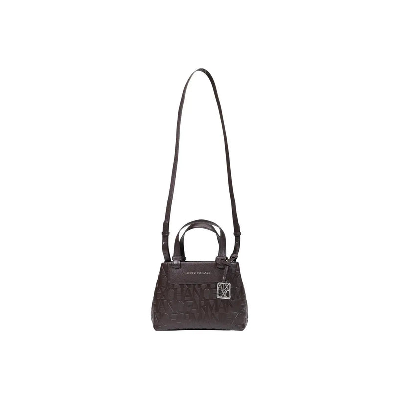 Dunkelbraunes Leder Armani Exchange Damenhandtasche mit geprägtem Schriftzug und silberfarbenem Logoverschluss, 24 cm