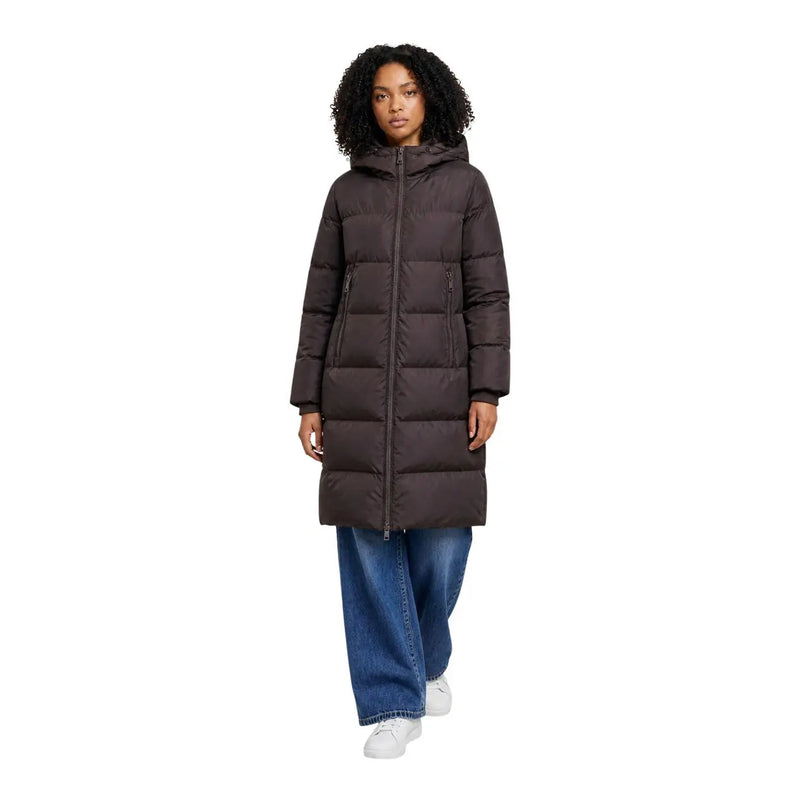 Armani Exchange Braune Damen-Daunenjacke mit dunkelgrauem, gestepptem Kapuzenmantel und Frontreißverschluss