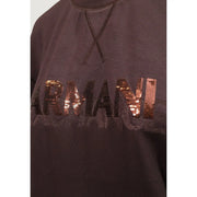 Dark brown armani exchange women sweatshirt in viscose blend featuring bold sequined armani exchange logo in rose gold and black