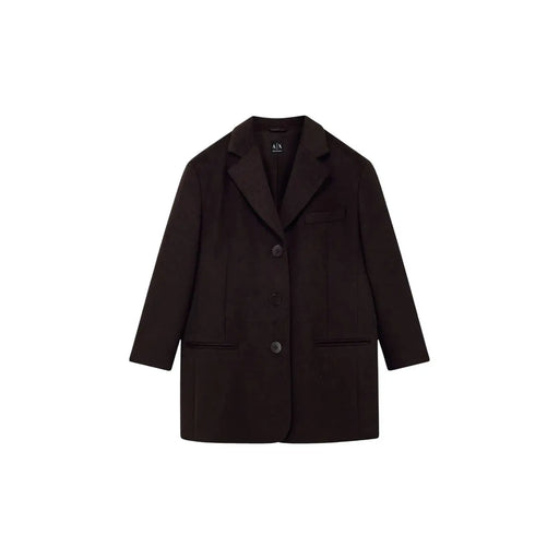 Schwarz armani exchange Damenblazer mit drei Knöpfen und aufgesetzten Taschen aus kontrastierendem braunem Wollmischgewebe (Produkttitel)