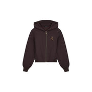 Armani Exchange women brown zip hooded sweatshirt with dark brown fabric and subtle gold embroidered a logo on chest