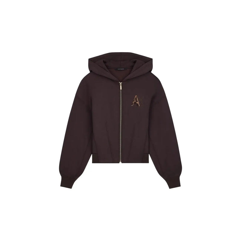 Armani Exchange women brown zip hooded sweatshirt with dark brown fabric and subtle gold embroidered a logo on chest