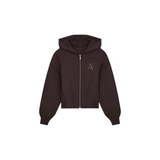 Armani Exchange Brauner Damen-Kapuzenpullover mit Reißverschluss aus dunkelbraunem Stoff und dezentem, goldfarben gesticktem Logo auf der Brust
