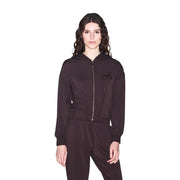 Armani Exchange women brown zip hooded sweatshirt featuring a dark brown zip-up hoodie with subtle embroidered logo