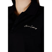 Schwarz Armani Exchange Damen-Poloshirt aus Baumwolle mit weißem, gesticktem Logo auf der Brust und Rundhalsausschnitt