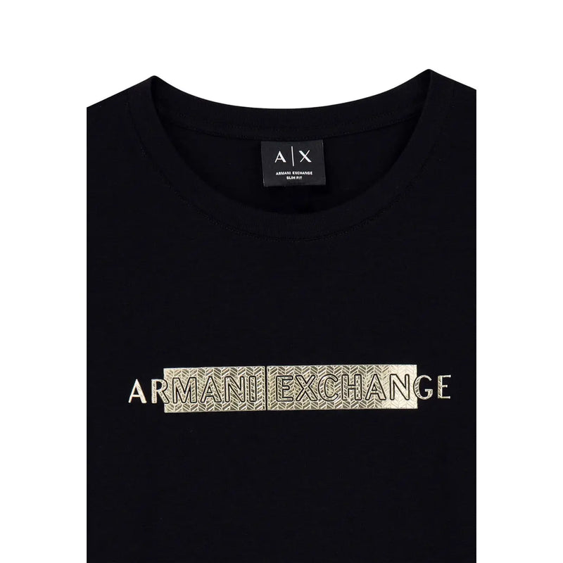 Schwarz Armani Exchange Damen-Baumwoll-T-Shirt in schmaler Passform mit metallisch-silbernem geometrischem Logo und Rundhalsausschnitt