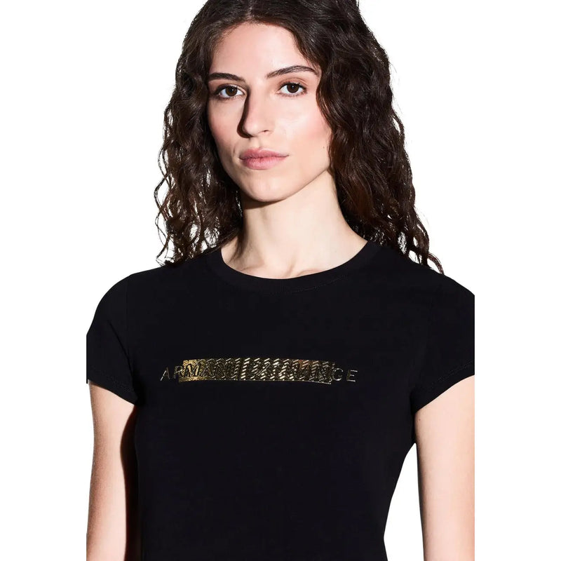 Armani Exchange Schwarzes Damen-T-Shirt aus Baumwolle mit Rundhalsausschnitt und goldfarbenem Kettenlogo auf der Brust
