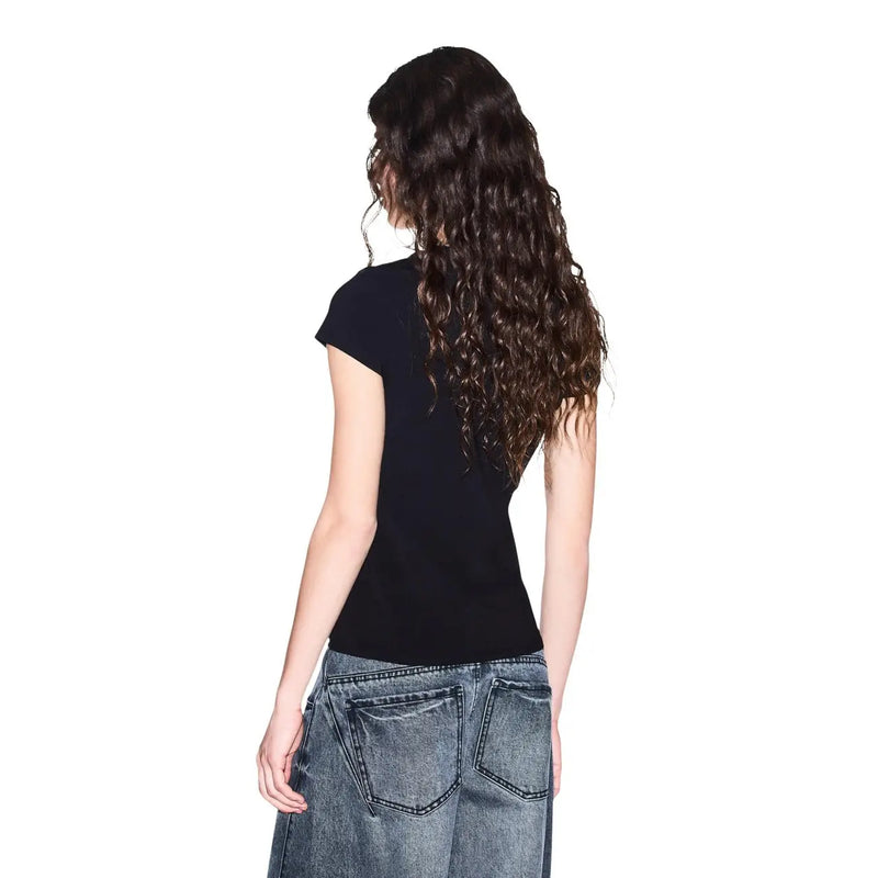 Armani Exchange Schwarzes, kurzärmeliges, tailliertes Damen-T-Shirt aus Baumwolle mit Rundhalsausschnitt, Vorderansicht