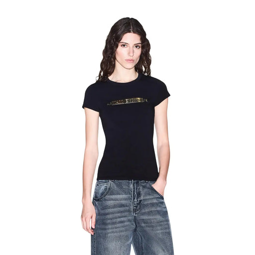 Schwarz armani exchange Damen-Baumwoll-T-Shirt mit Rundhalsausschnitt und goldfarbenem Logo auf der Brust