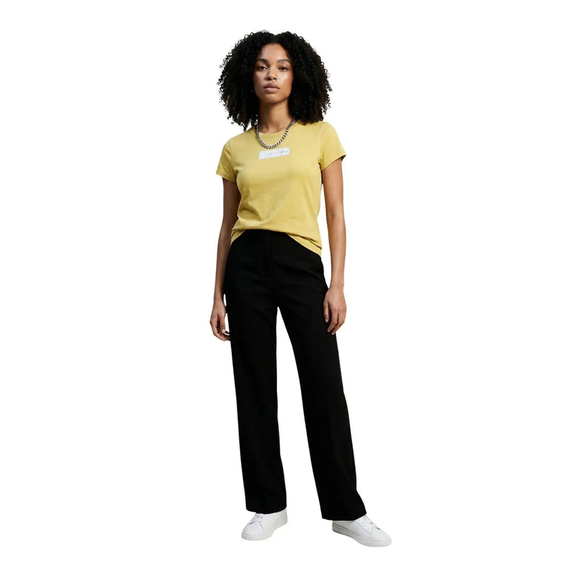 Yellow Armani Exchange women cotton round neck t shirt with short sleeves and white rectangular chest label