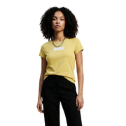 Armani Exchange women cotton round neck yellow t shirt with short sleeves and subtle white rectangular chest label
