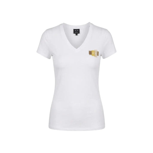 Armani Exchange Damen-Baumwoll-T-Shirt mit V-Ausschnitt, weiß, mit goldfarbenem Logo-Patch auf der linken Brust XW002321