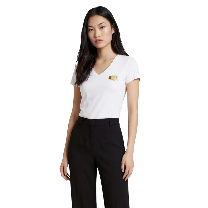 Armani Exchange women cotton white v neck short sleeved t shirt with small gold logo on left chest