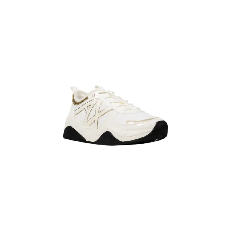 Armani Exchange women gold lace rubber sneakers in white and black with chunky soles and gold-tone logo detailing